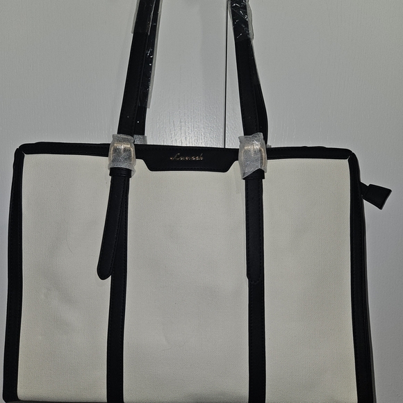 Handbags - Cream and Black Canvas Tote Bag with Contrasting Trim